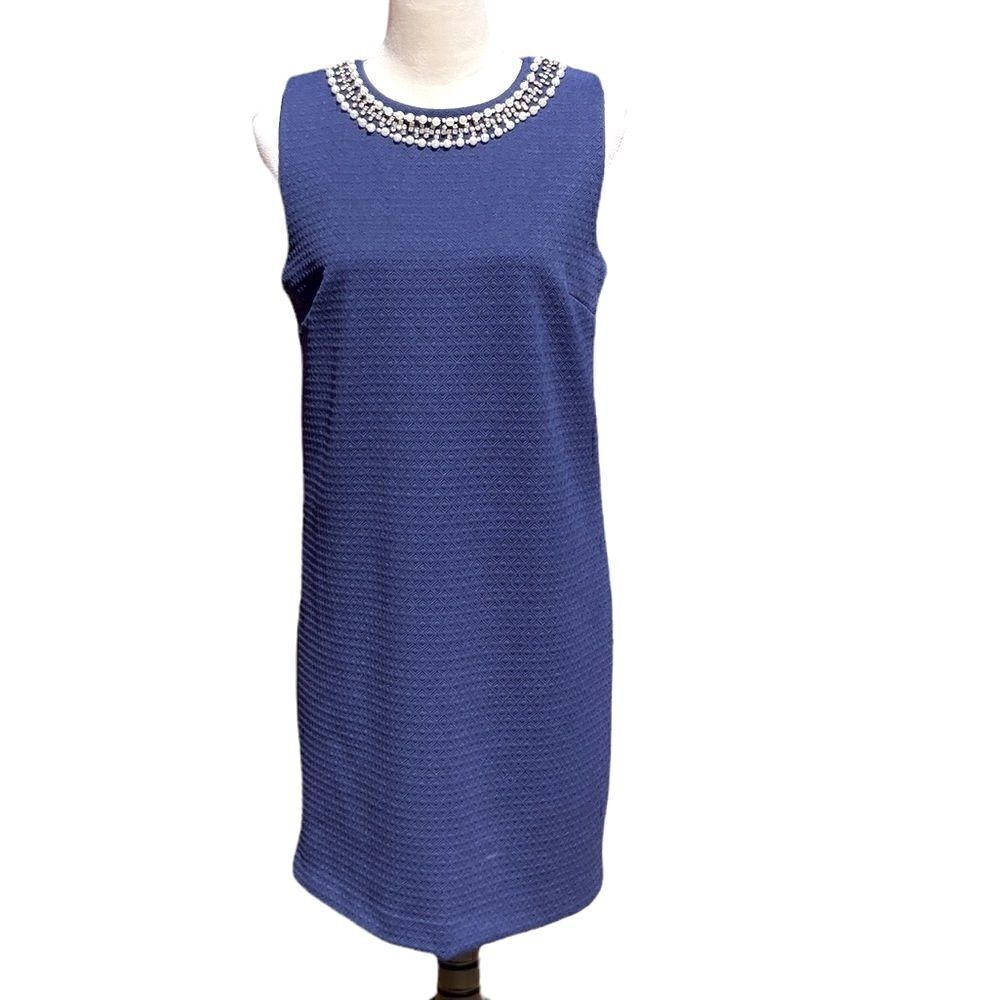 Adrienne Vittadini Blue Shift Dress w Faux Pearl & Rhinestone Embellishments‎